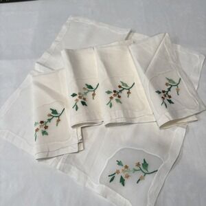 Vintage‎ Napkins Sheer Organdy Embroidered Floral Square Natural Flowers Flaw